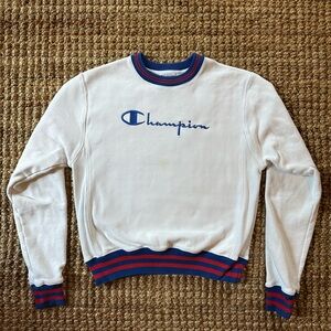 Vintage Champion White Crewneck with Blue Logo‎ and Striped Accents